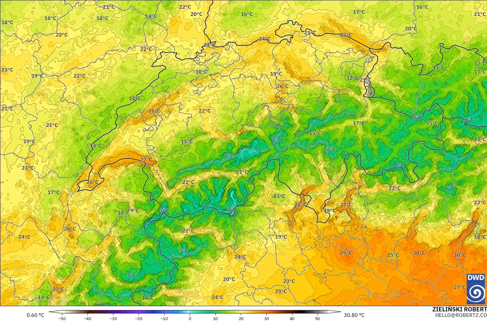 ICON Alemania 2 km model - Swiss, Suhu 2 m