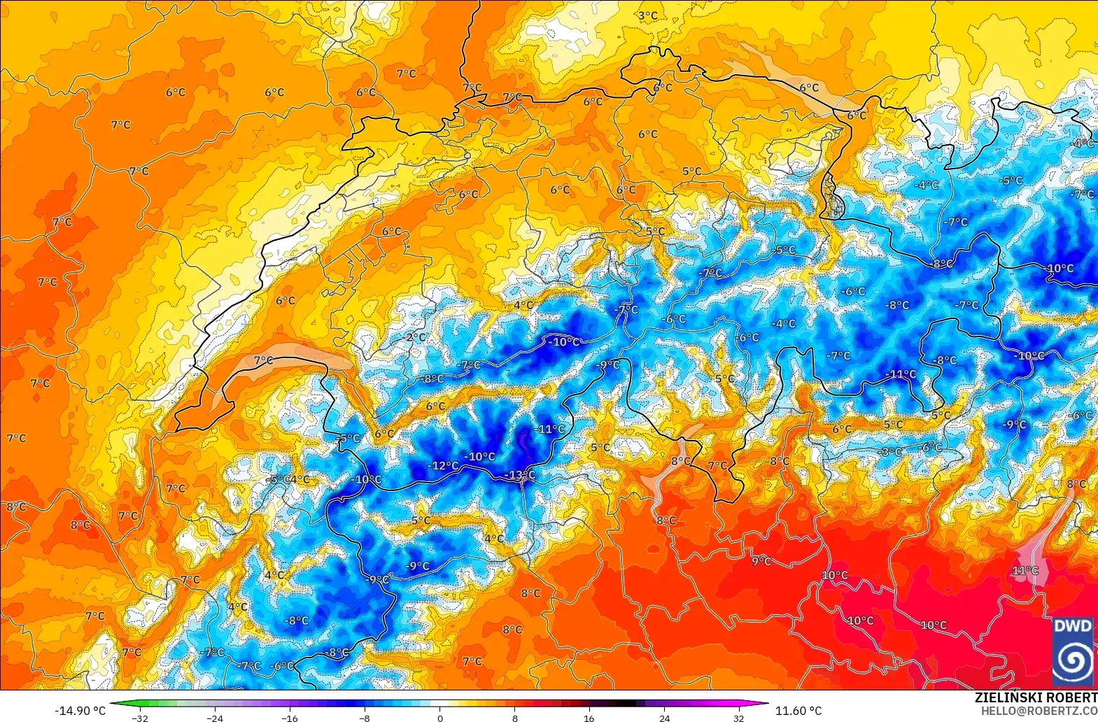 ICON Alemania 2 km model - Swiss, Anomali Suhu 850 hPa