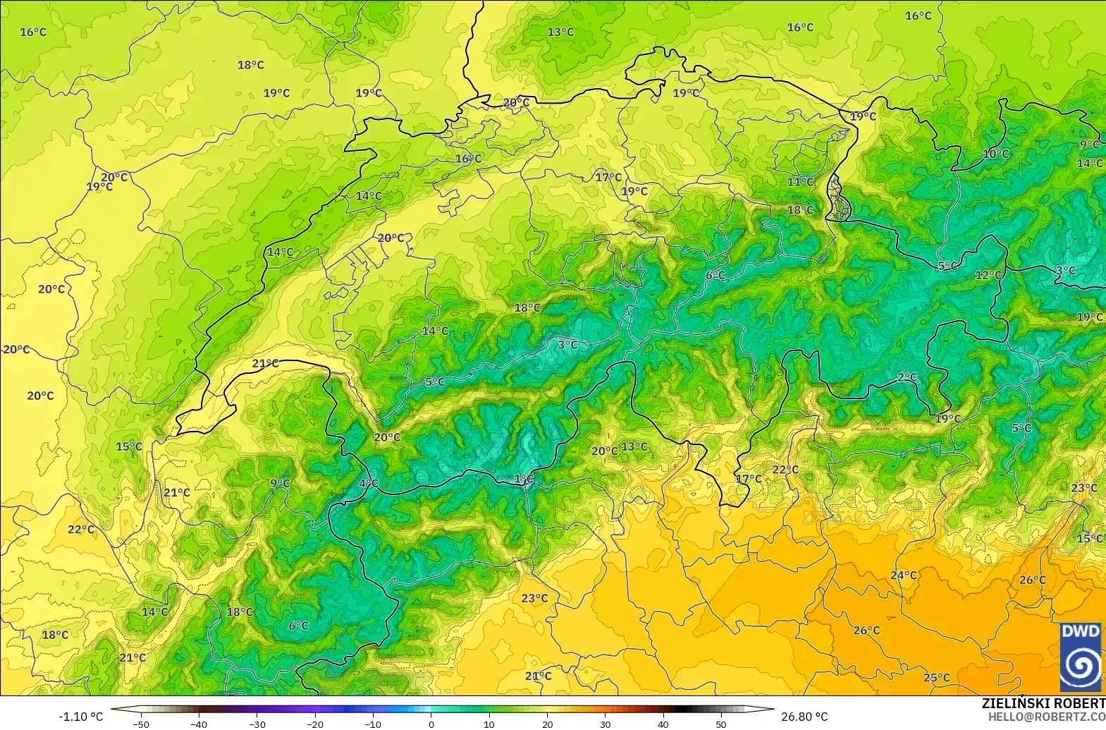 ICON Alemania 2 km model - Swiss, Suhu 850 hPa
