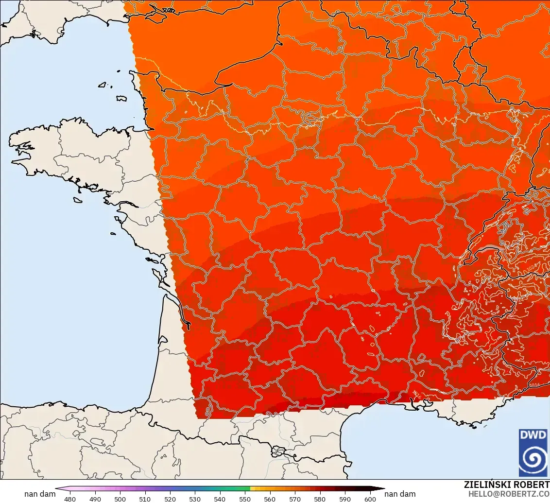 ICON Alemania 2 km model - Prancis, Ketinggian geopotensial pada 500 hPa