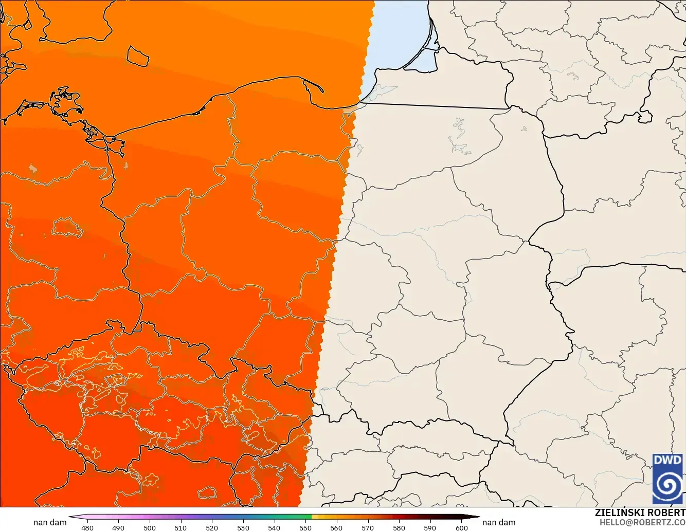 ICON Alemania 2 km model - Polandia, Ketinggian geopotensial pada 500 hPa