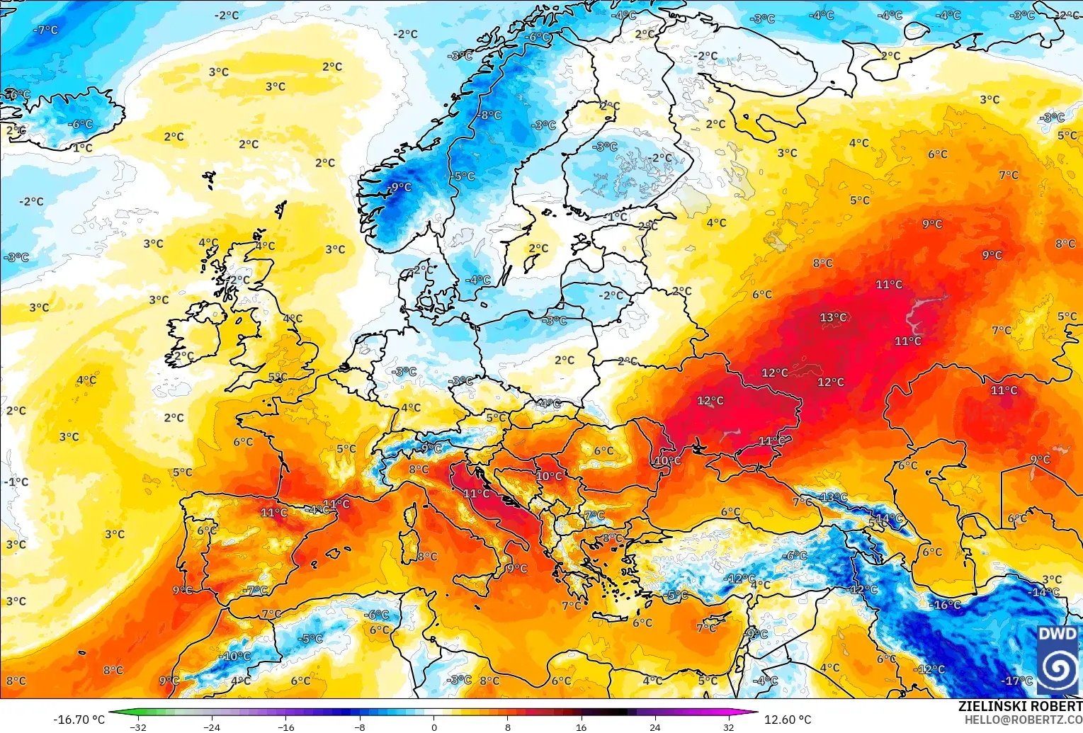 ICON model - Eropa, Anomali Suhu 850 hPa