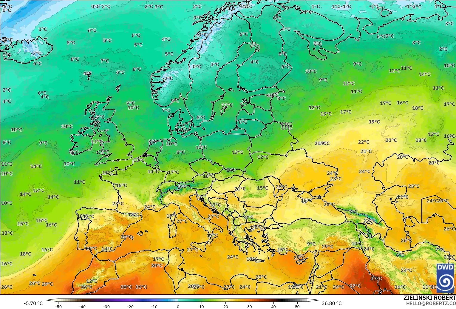 ICON model - Eropa, Suhu 850 hPa