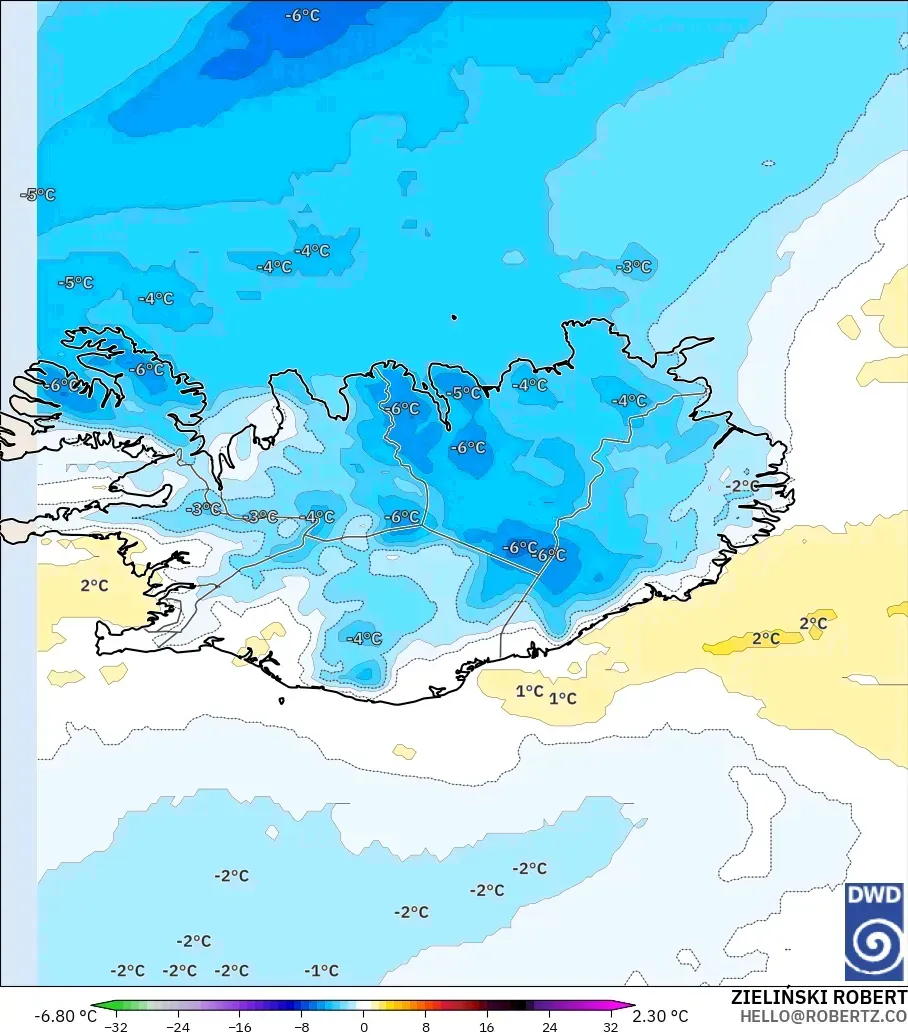 ICON model - Islandia, Anomali Suhu 850 hPa