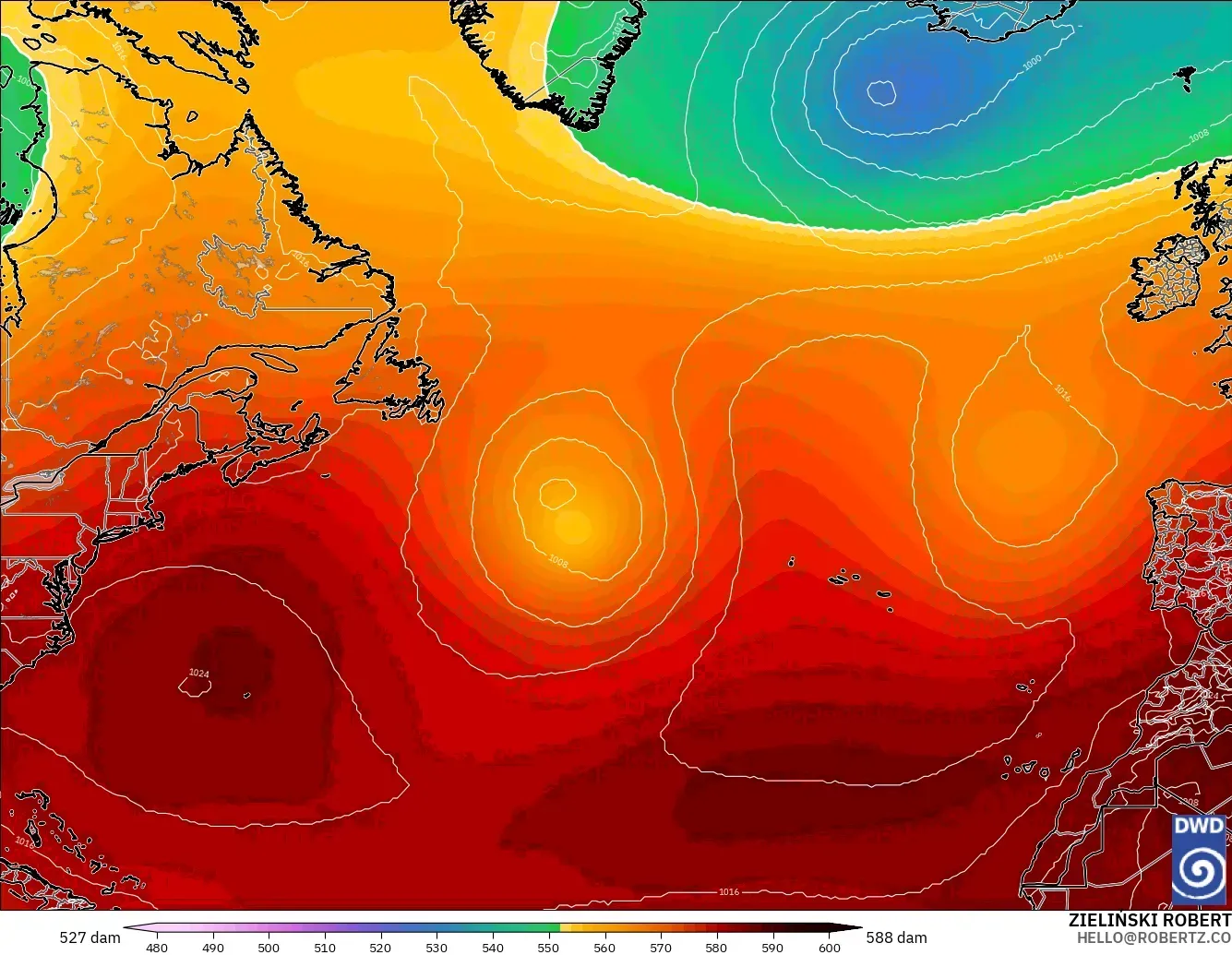 ICON model - Atlantik Utara, Ketinggian geopotensial pada 500 hPa