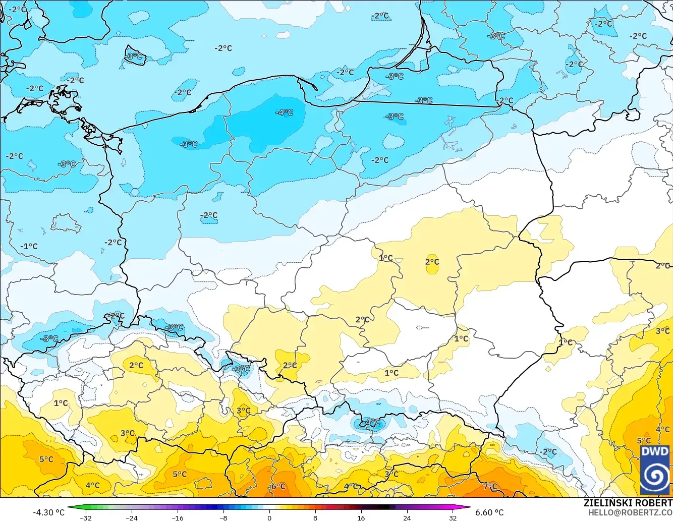 ICON model - Polandia, Anomali Suhu 850 hPa