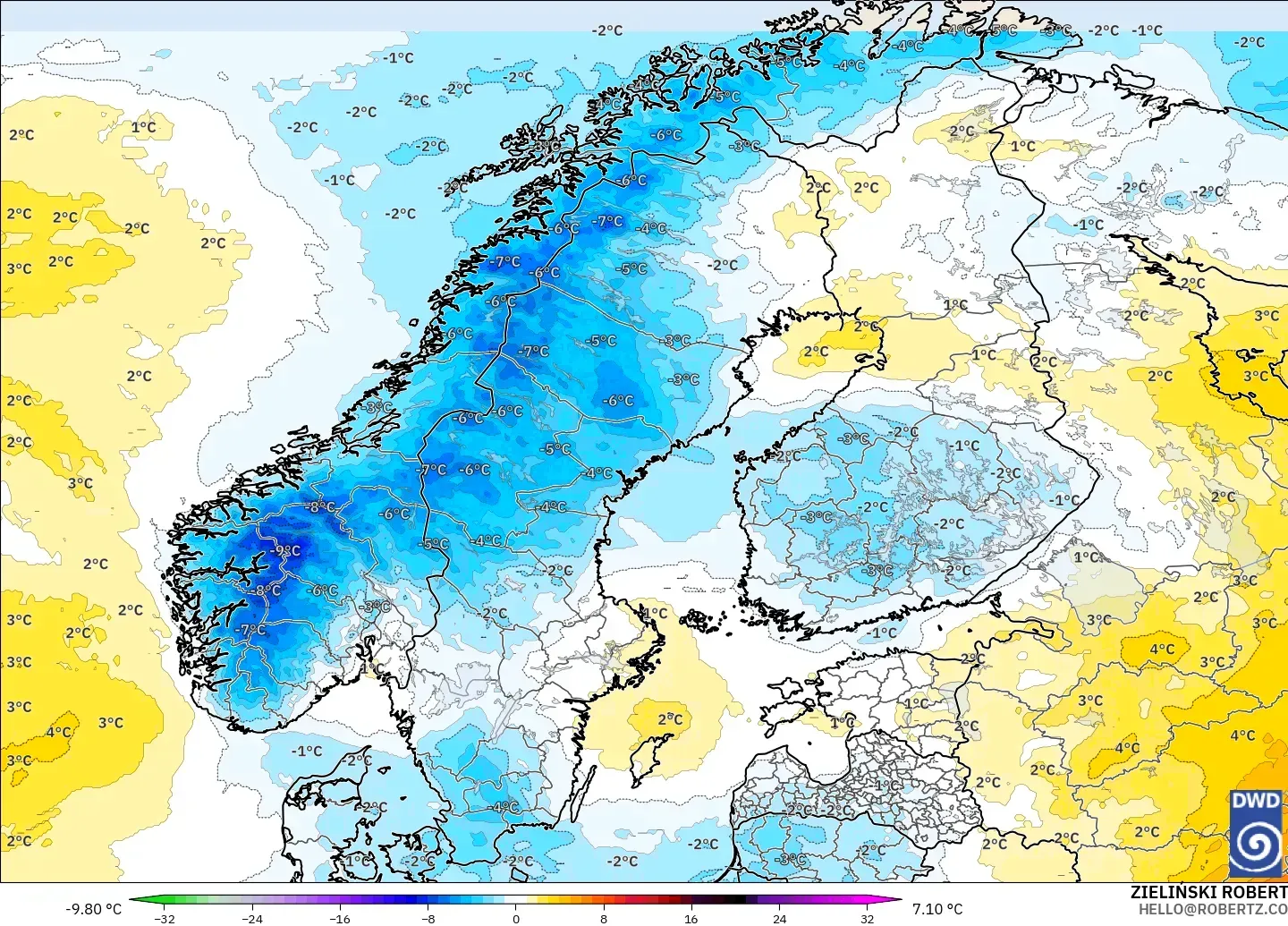 ICON model - Skandinavia, Anomali Suhu 850 hPa