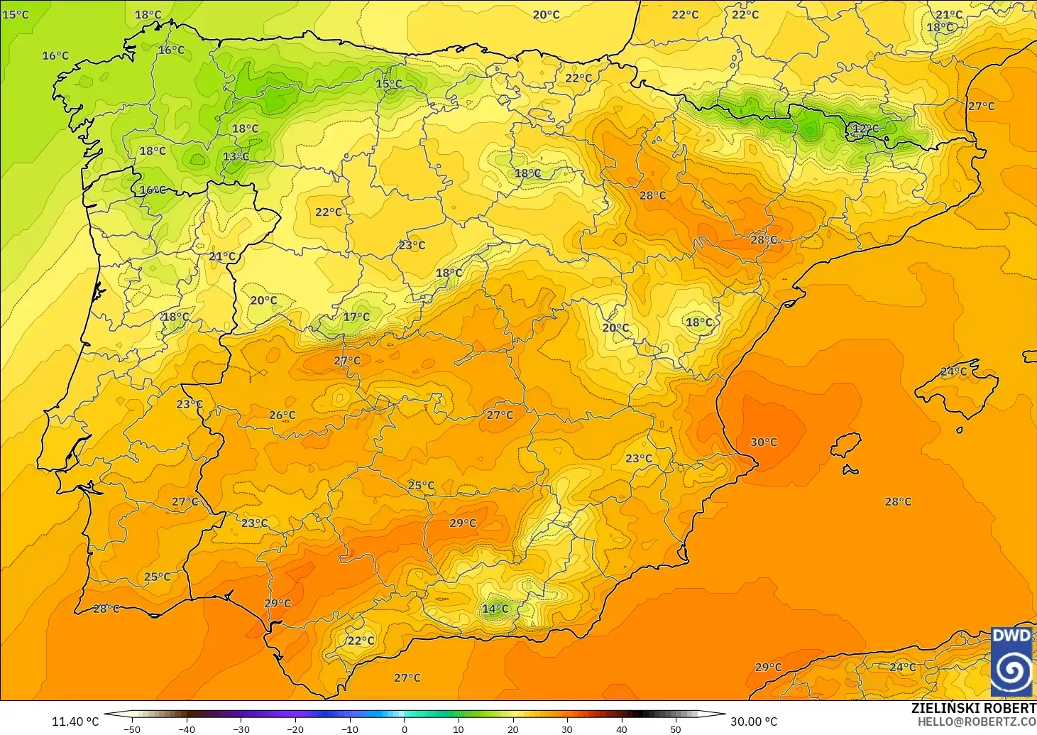 ICON model - Spanyol, Suhu 850 hPa
