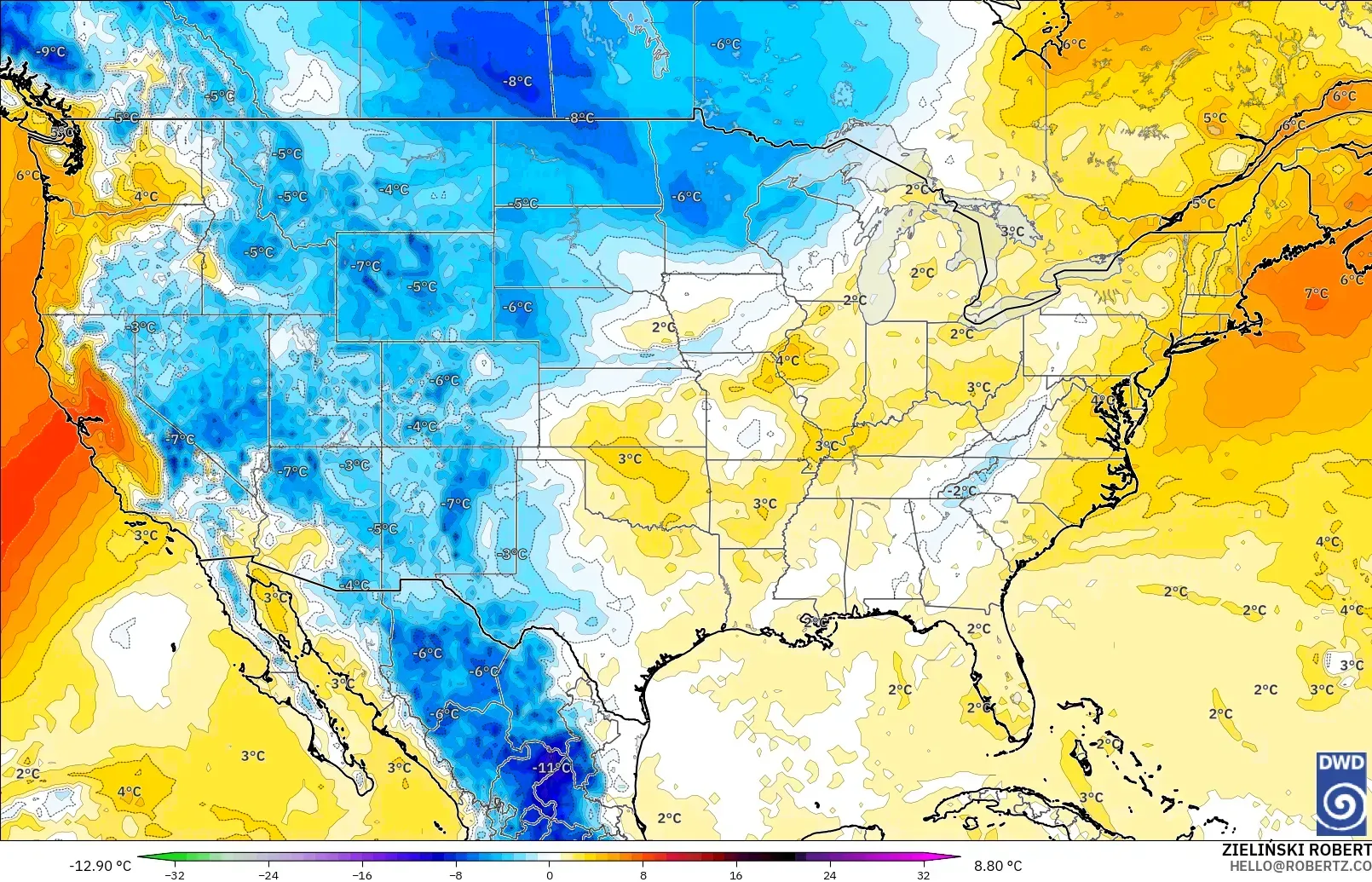 ICON model - Amerika Serikat, Anomali Suhu 850 hPa