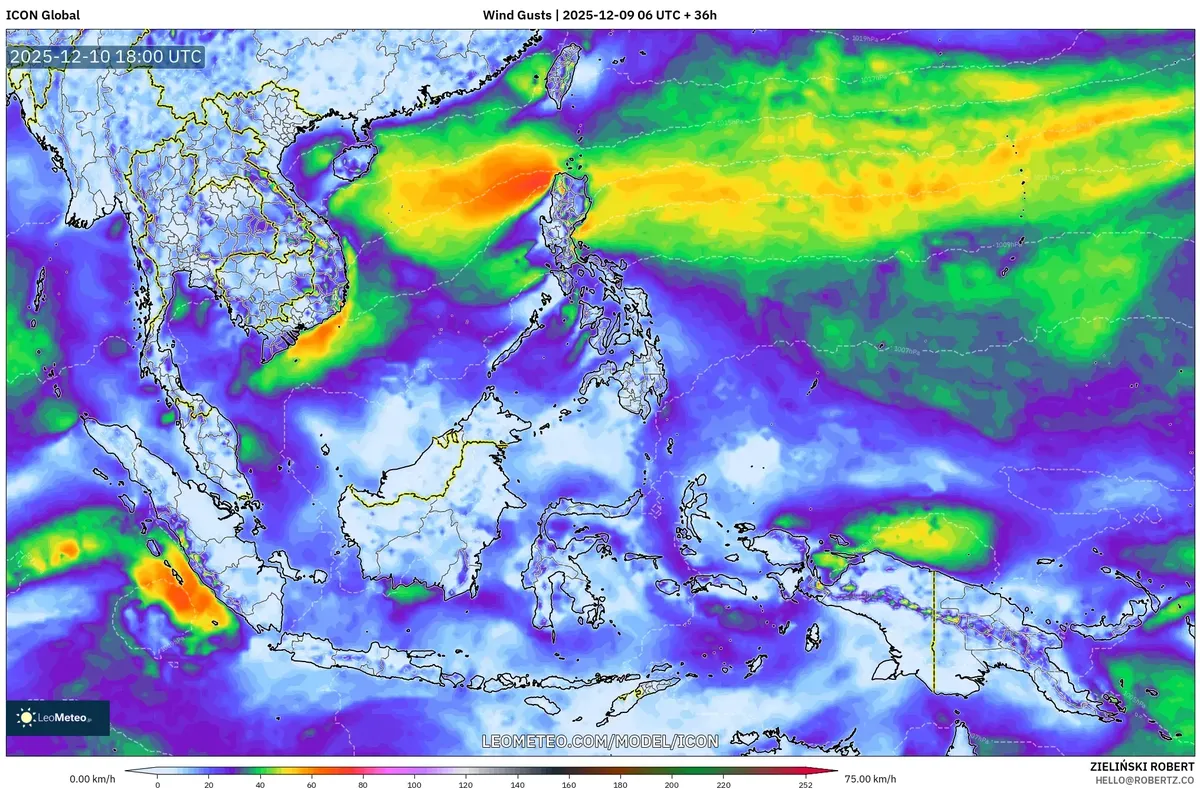 2025-12-09 Asia Tenggara Prakira Angin Laporan Ramalan Kecepatan Angin Maksimum - Angin Kuat Hingga 50 km/jam