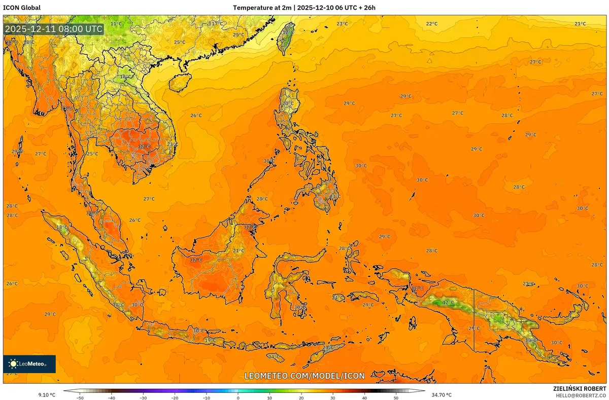 South‑East Asia Temperature Map – Hot Weather Forecast 2025‑12‑10 (30‑34 °C)