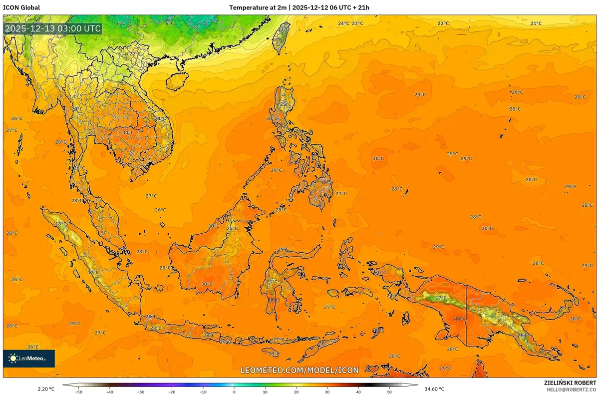 Southeast Asia Warm Humid Weather & Heavy Rain Forecast – 2025‑12‑12 Temperature Map