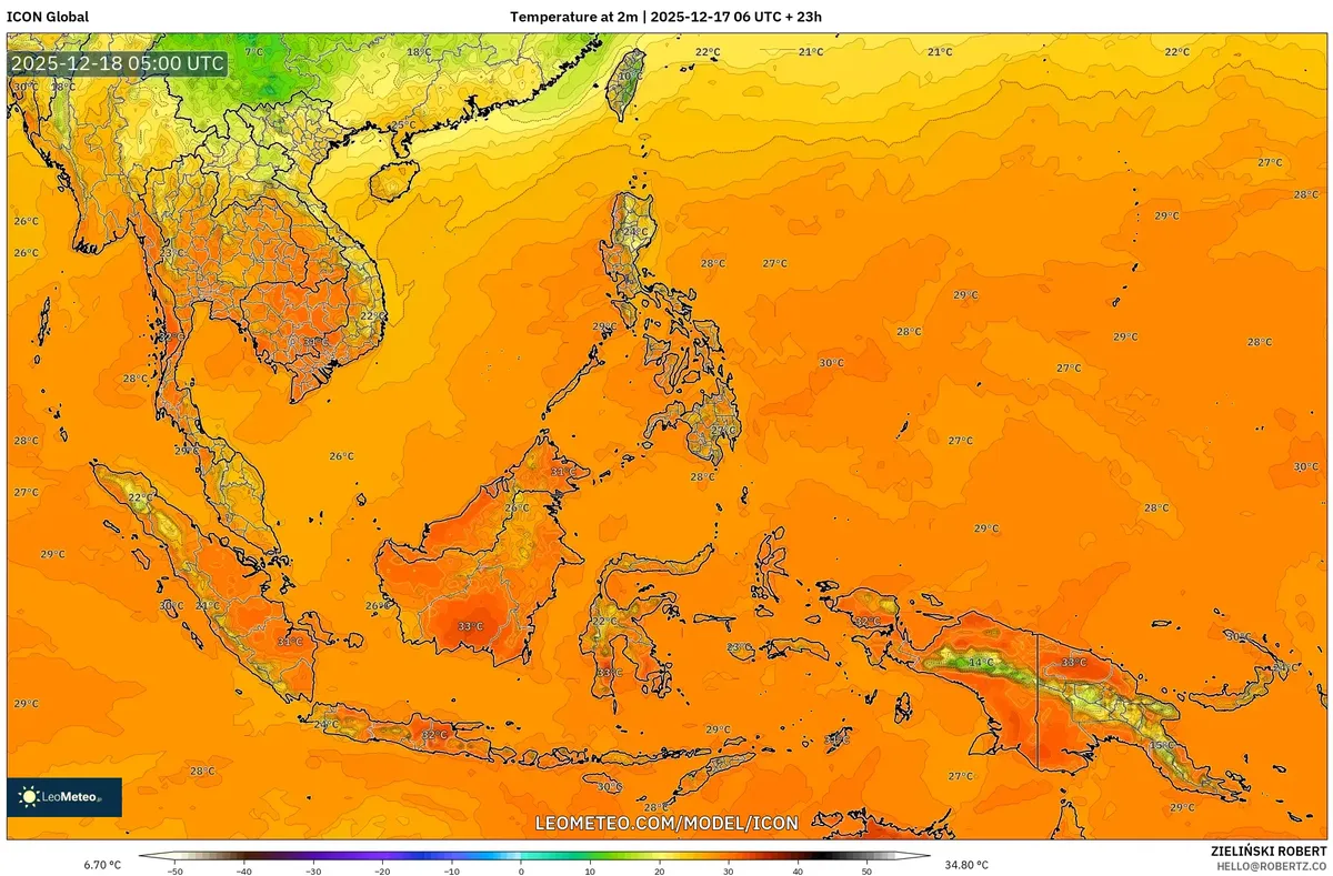 Asia Tenggara Prakiraan Suhu Cerah Matahari 2025-12-17 – Suhu tertinggi hingga 33°C
