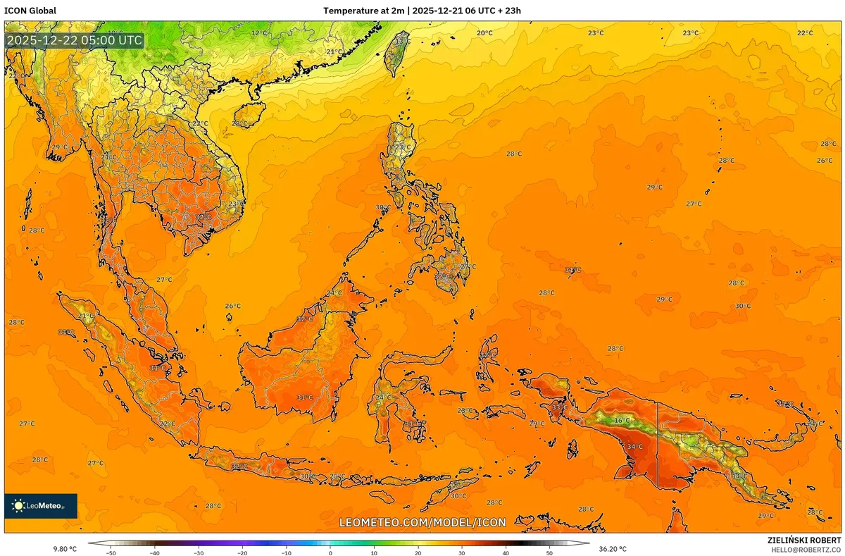 2025-12-21 SE Asia Hangat Lembab Ramalan Suhu Senin - Suhu Tertinggi 32°C & Badai Petir