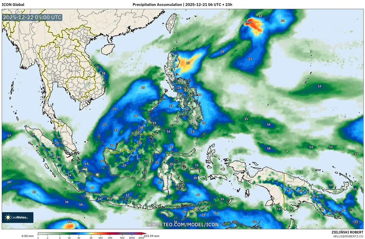 2025-12-21 SE Asia Akumulasi Hujan Lebat Prakiraan - Hujan Senin & Badai Petir