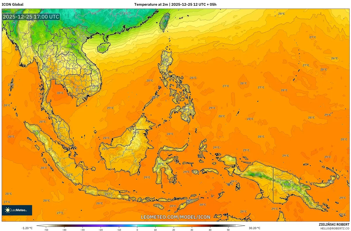 2025-12-25 Asia Tenggara Ramalan Suhu Permukaan Tinggi - Hangat, Lembab Jumat