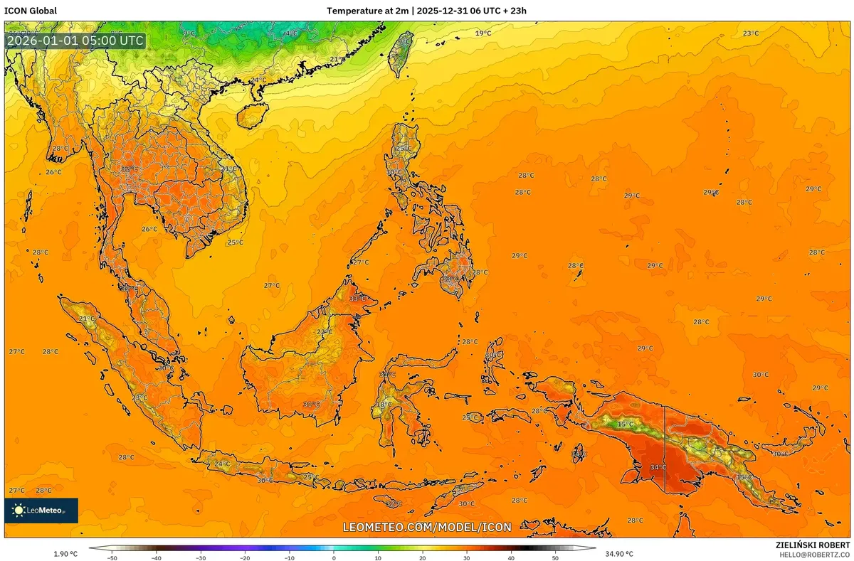 Puncak Suhu Tertinggi Siang Hari di Seluruh Indonesia pada 1 Jan 2026