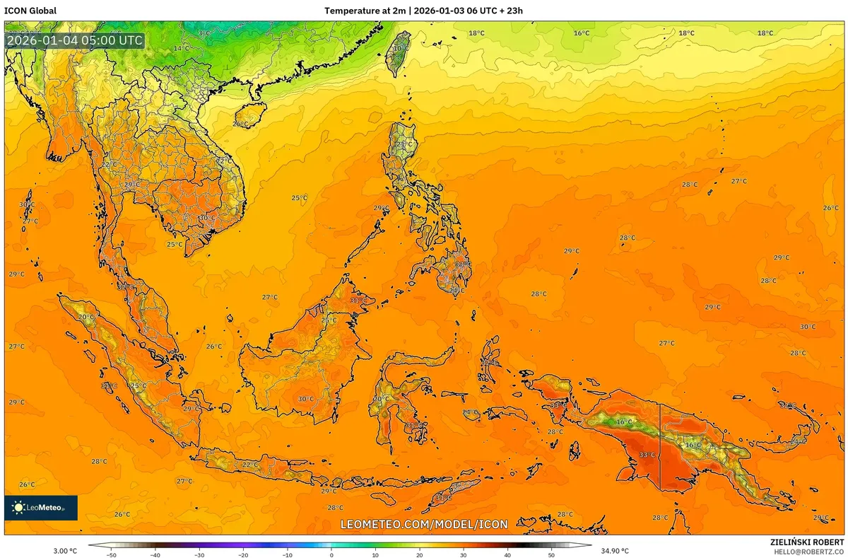 Suhu Tertinggi Siang di Seluruh Indonesia pada 4 Jan 2026