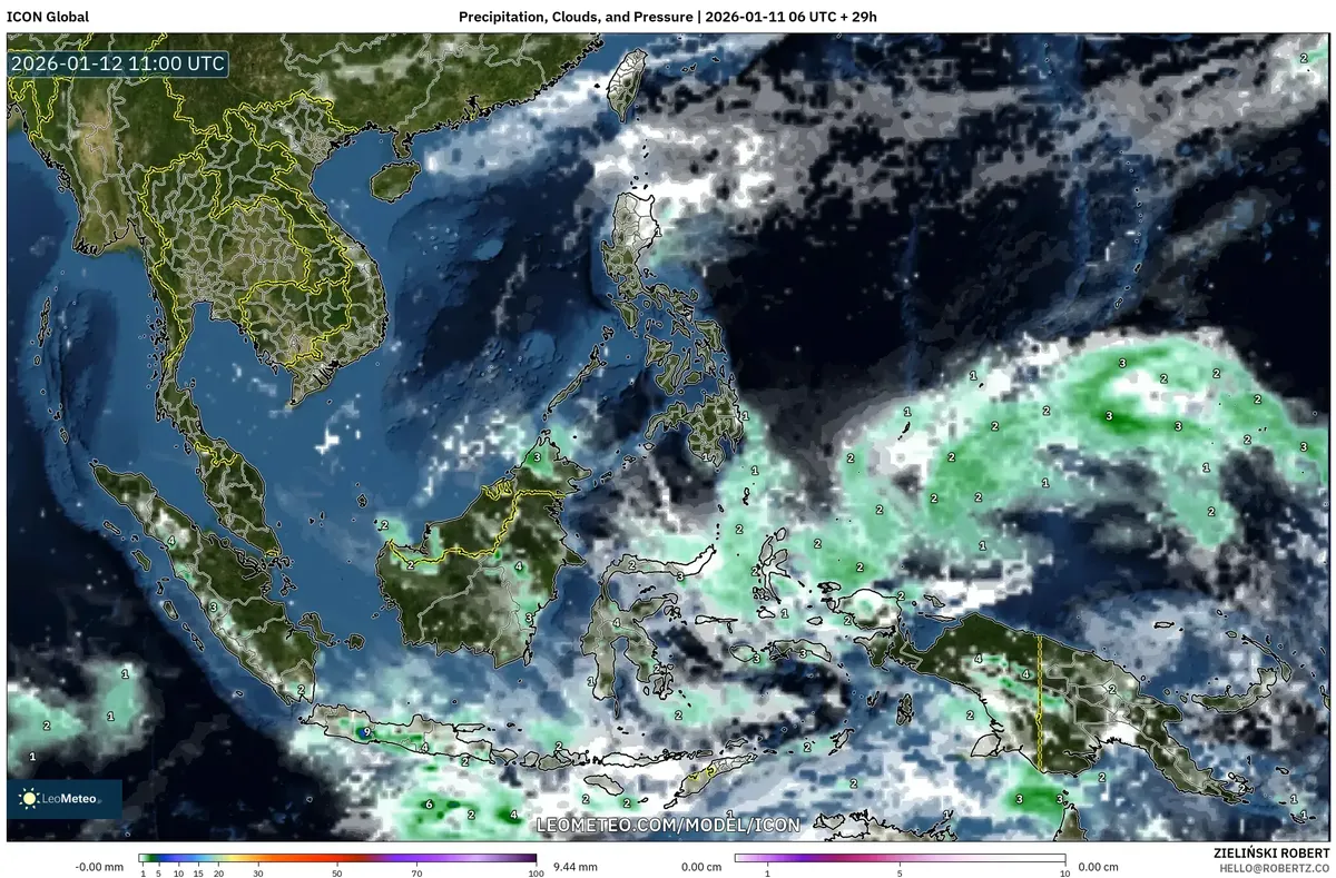 Hujan Lebat dan Tutupan Awan di Indonesia Tengah pada 12 Januari 2026