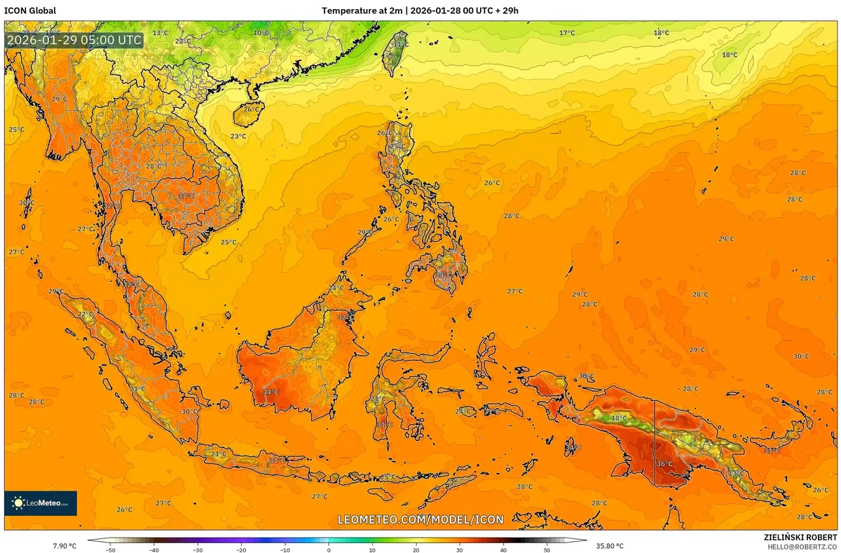 Suhu Maksimum Siang Hari di Jawa dan Sumatra pada 29 Januari 2026