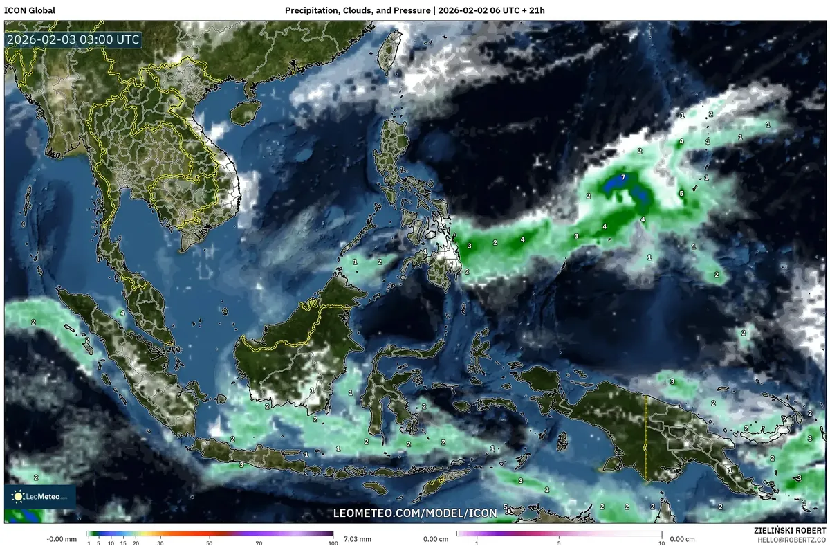 Hujan, Awan, Suhu, dan Tekanan di Indonesia pada 3 Februari 2026 (ICON)