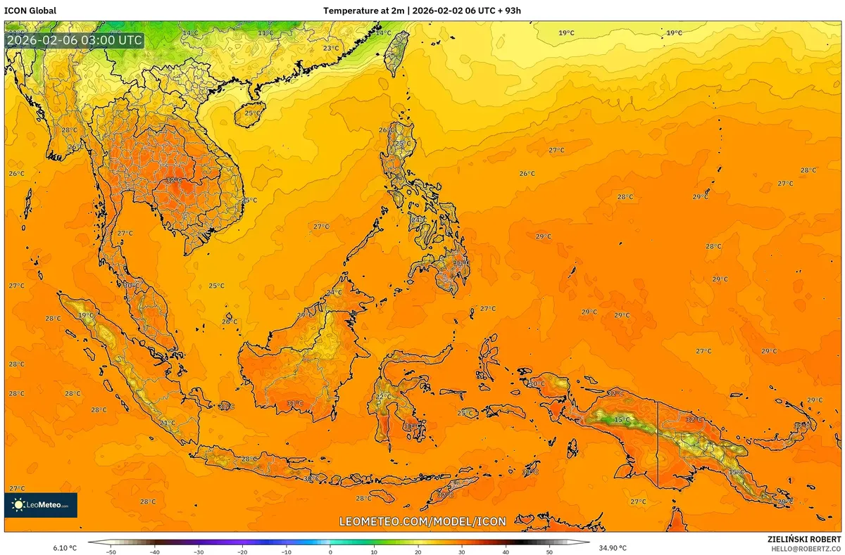 Suhu Hangat Mencapai Puncak 34°C di Seluruh Indonesia pada 6 Februari 2026 (ICON)