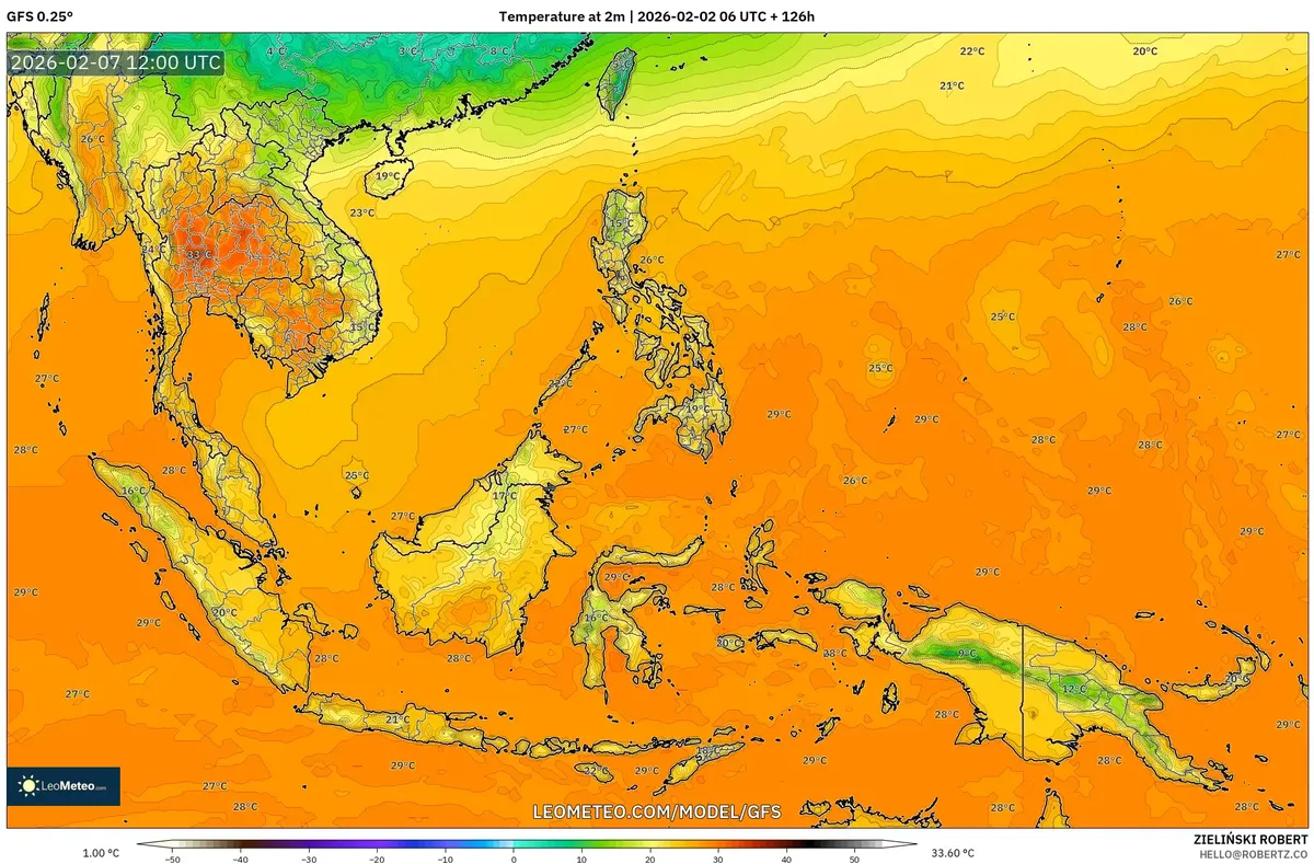 Suhu Malam di Seluruh Indonesia pada 7 Februari 2026 (GFS)