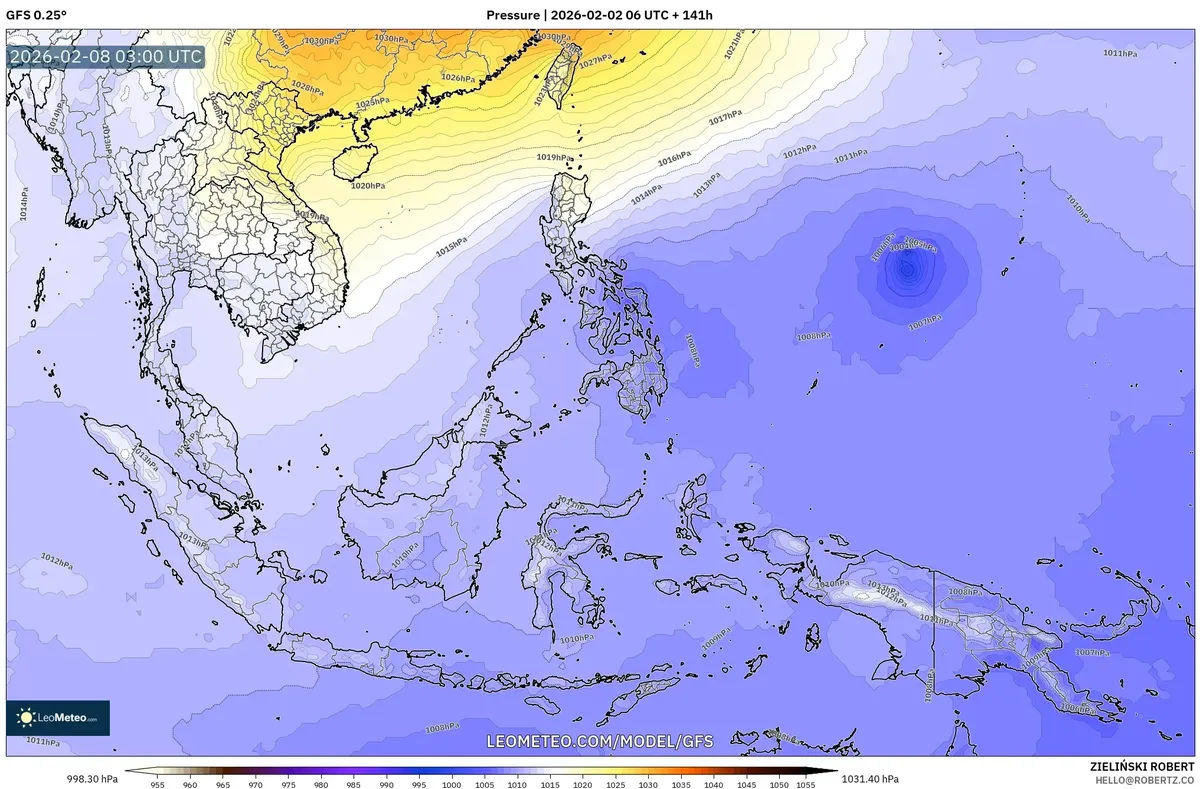 Sistem Tekanan Rendah di Atas Indonesia pada 8 Februari 2026 (GFS)