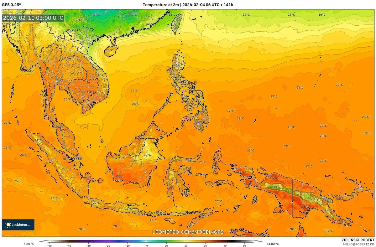 Suhu Siang Hari di Seluruh Indonesia pada 10 Februari 2026