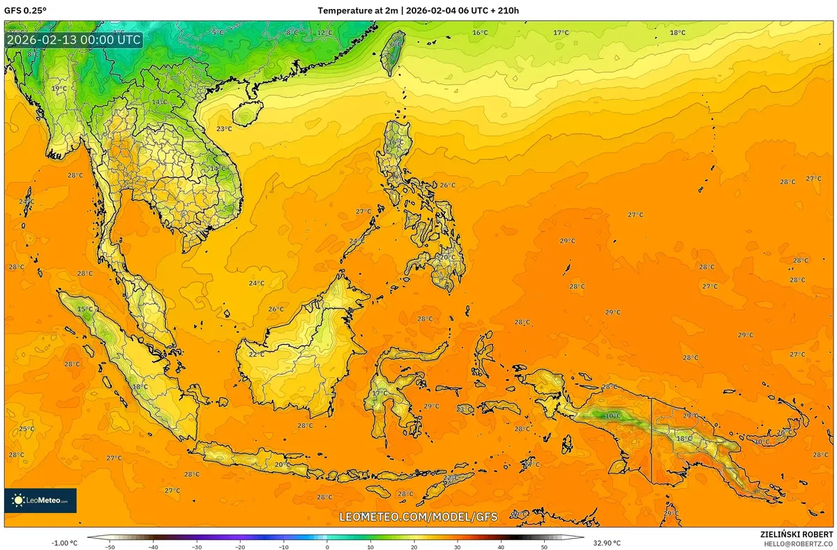 Suhu Maksimum Siang Hari di Indonesia pada 13 Februari 2026