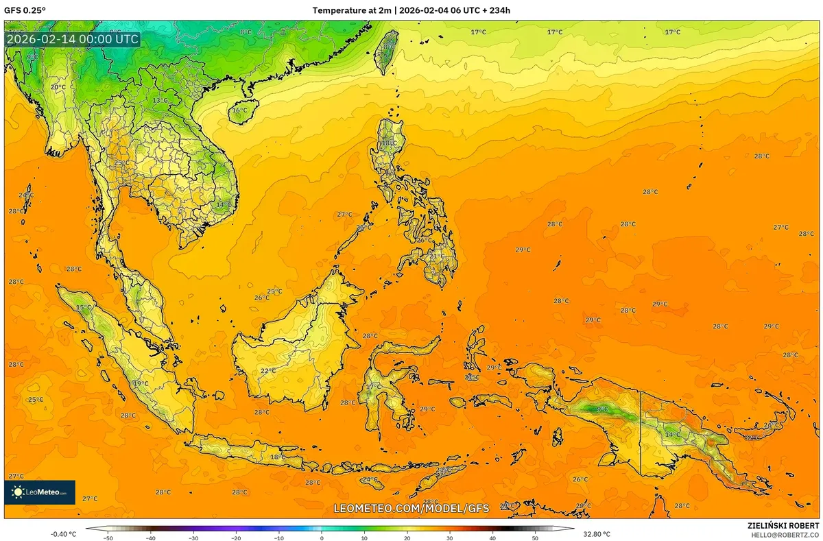 Suhu Hangat Tengah Hari di Indonesia pada 14 Februari 2026